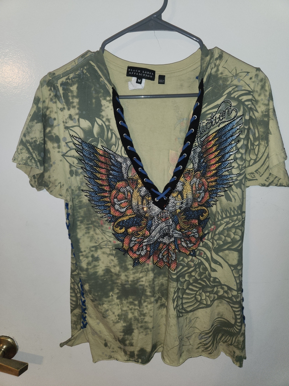Affliction Olive Green Lace-Up V-Neck Graphic Tee with Multicolor Wing Design